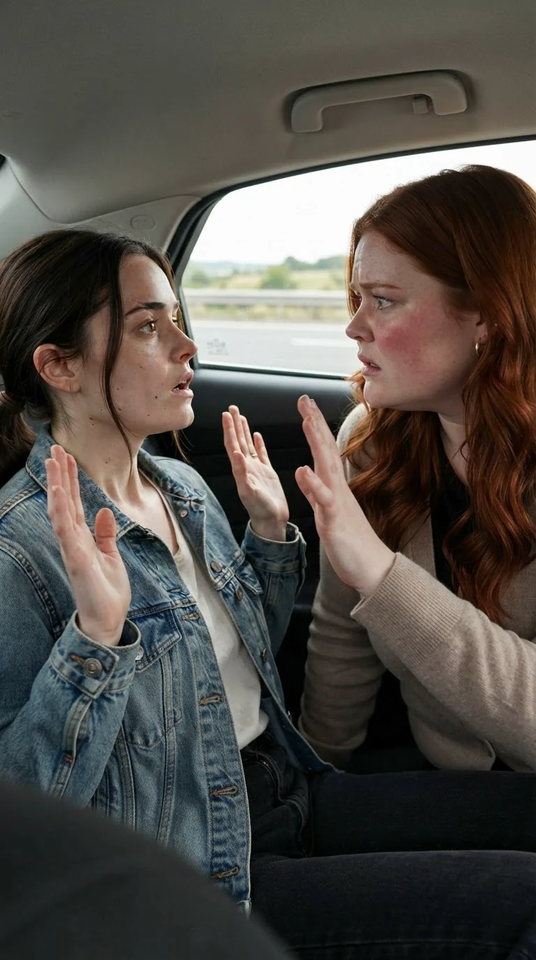 Perrin turns on Maeve in the car seat, upset, while Maeve holds up her hands.