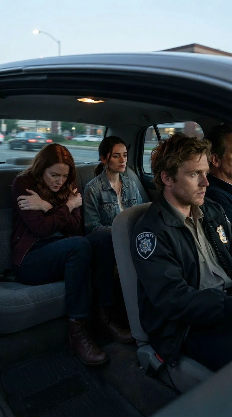 Maeve sits in the middle of the back seat between Perrin and the window, staring ahead while the road slides by.