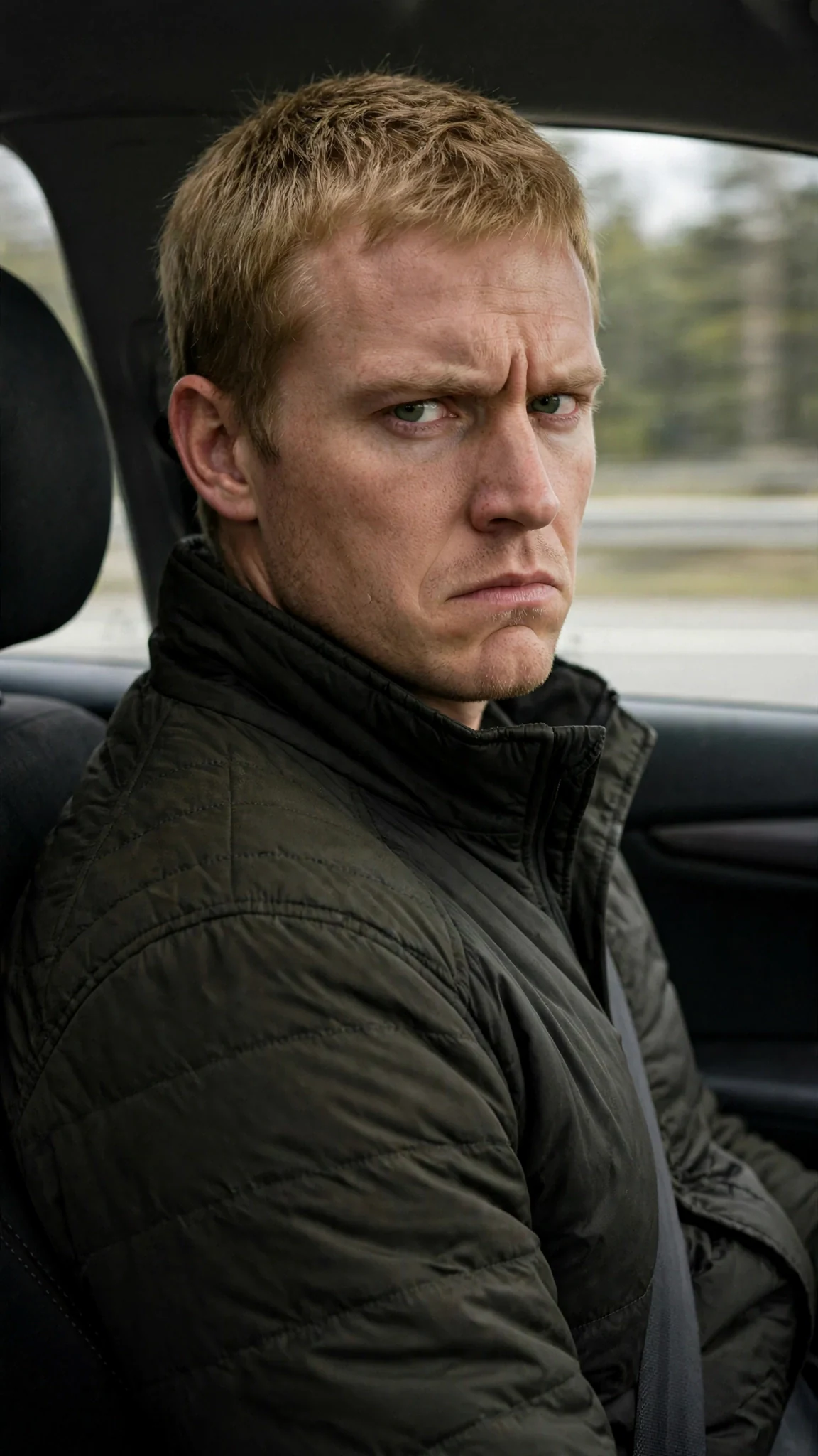 Doyle twists around in the front seat of the car to stare at Maeve in the back.