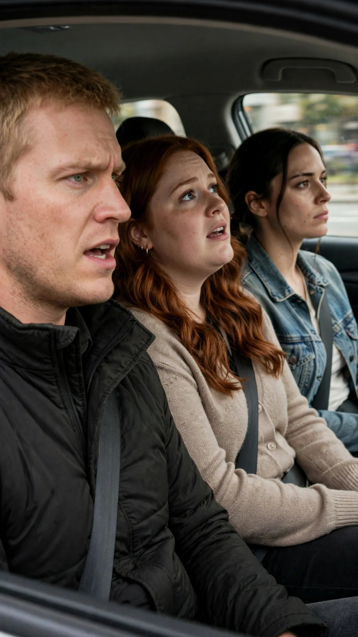 Perrin and Doyle argue over Maeve's head in the car while she sits between them looking forward.