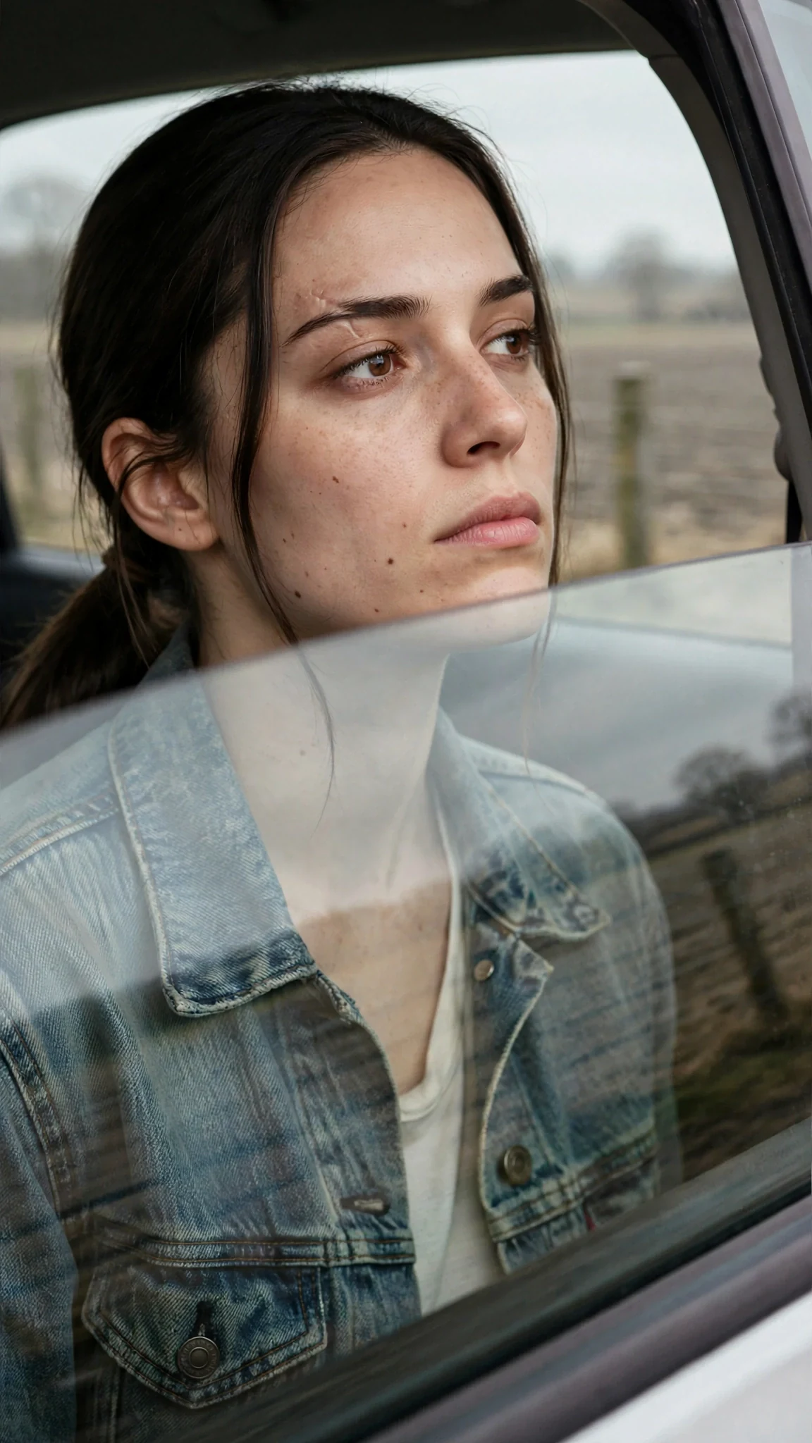 Maeve looks out of the car window at passing fences, her reflection faint in the glass.