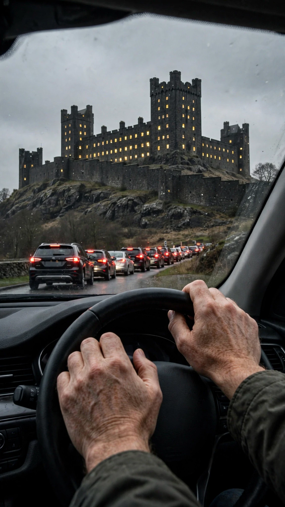 Thale Keep rises from the trees, a black stone wall with towers and lit windows behind it.