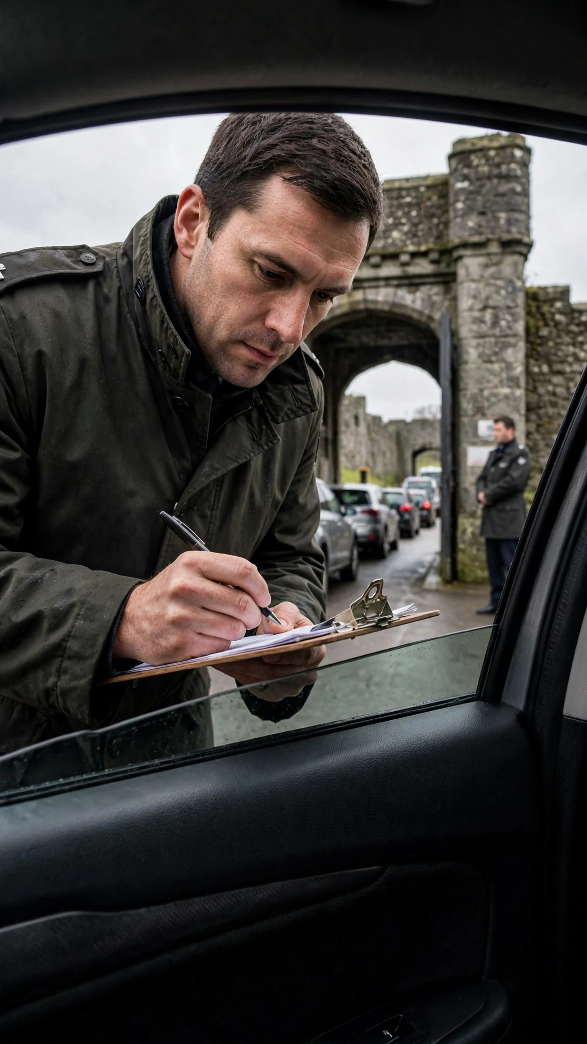 A guard in a dark coat leans to the car window at the keep gate with a board of names, pen in hand.
