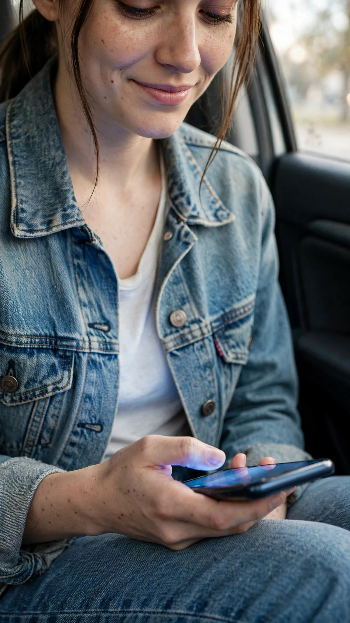 Maeve looks down at her phone hidden against her leg in the car, a small smile on her face.