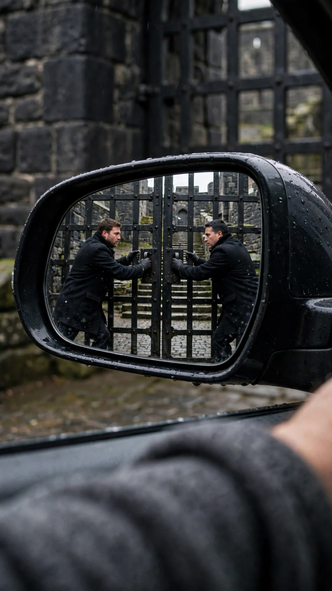 The car passes through the keep gate and the great doors swing shut behind it in the side mirror.