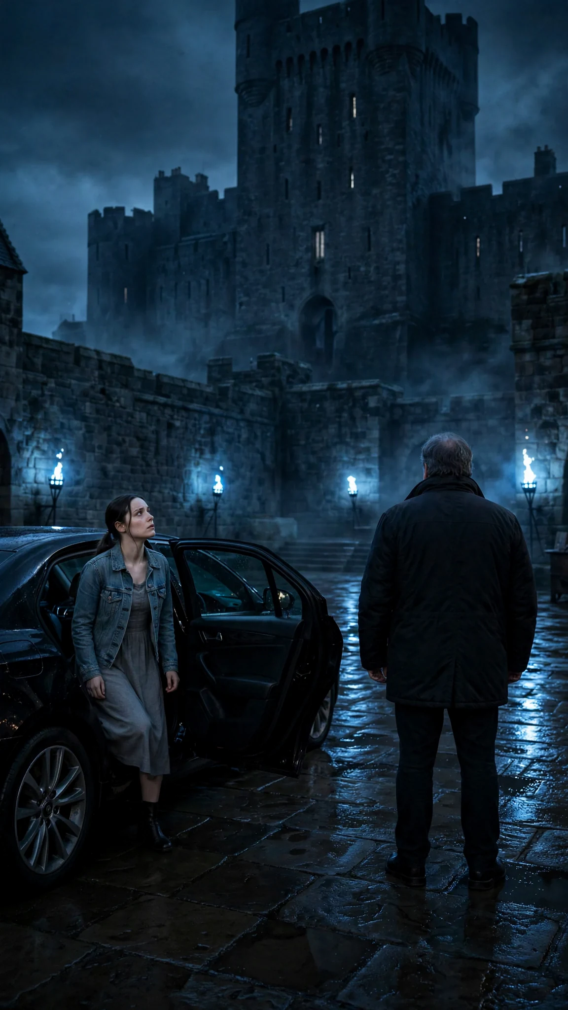 A black car stops in a vast stone courtyard at night and Maeve steps out in a gray dress.