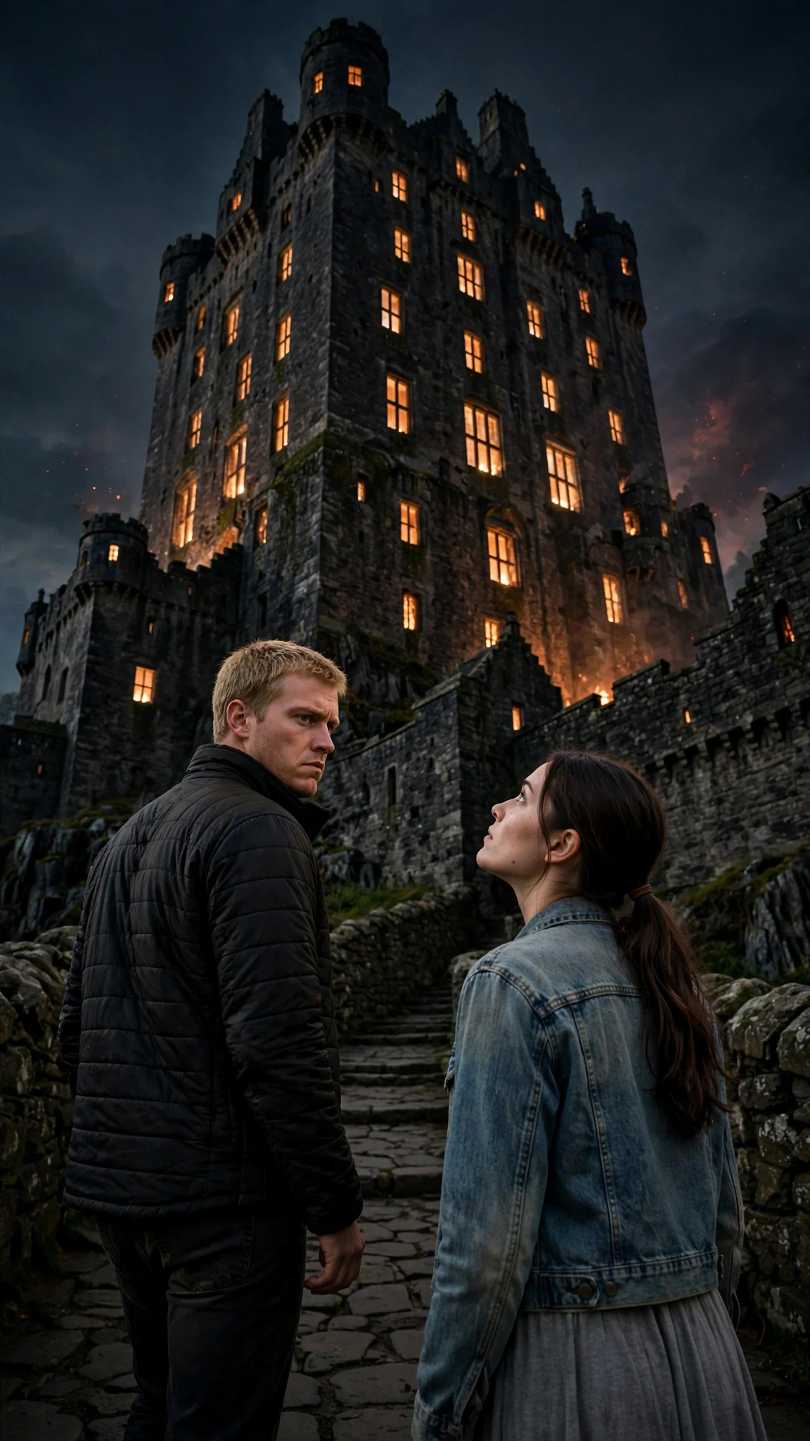 Maeve tilts her head back to look up at the endless lit towers of Thale Keep.