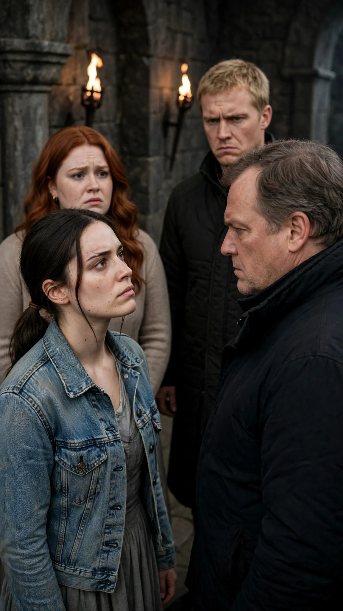 Maeve lifts her chin at the clipboard woman while Roderick warns her with a flat stare.