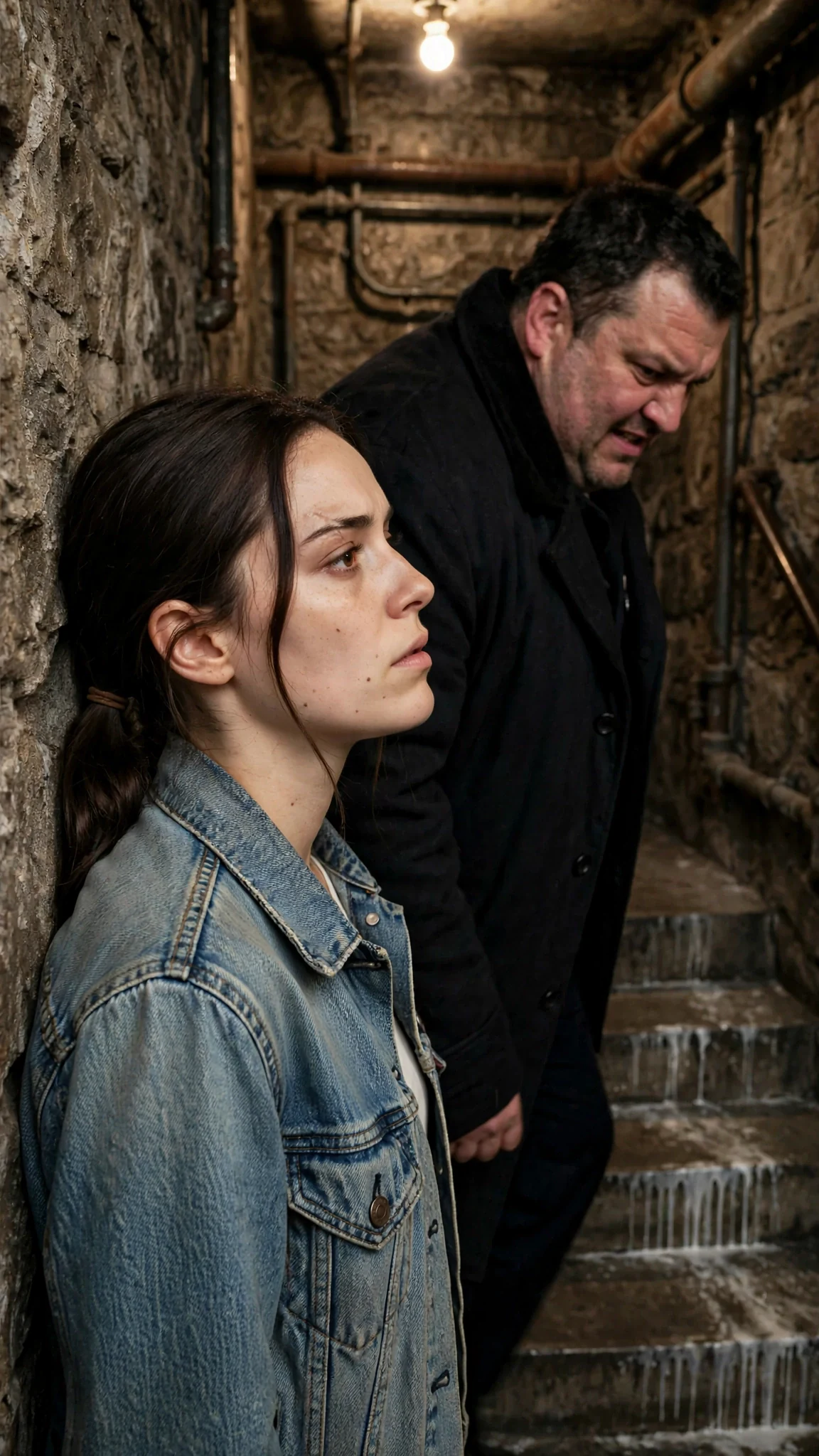 Maeve squeezes past a guard on a narrow back staircase, jaw clenched.