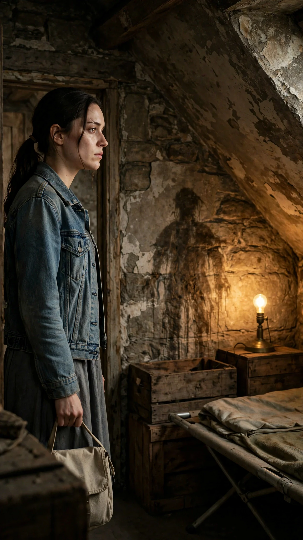 Maeve stands in a tiny bare room with a folding cot and a shade-less lamp.