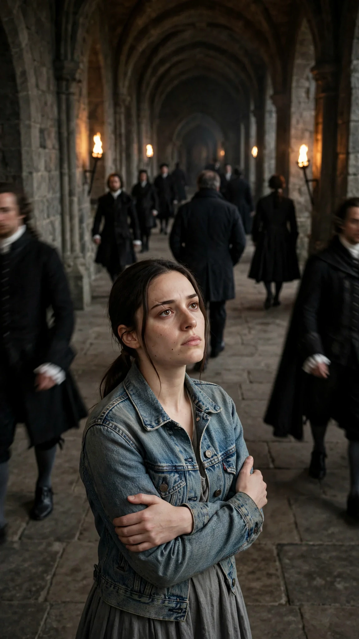 Roderick walks away down the hall, leaving Maeve alone among passing court wolves.