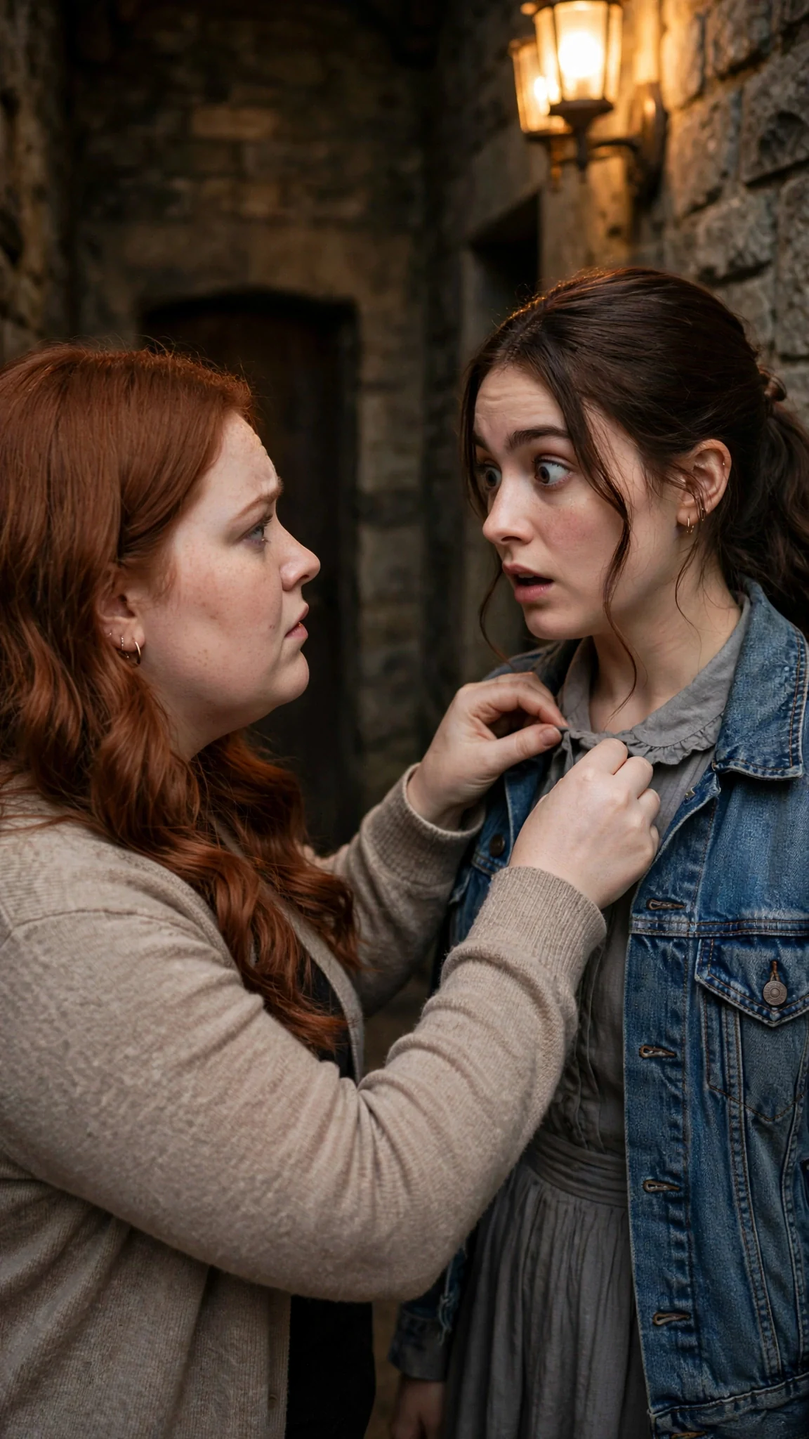 Perrin straightens Maeve's collar in the corridor, her fingers warm on the fabric.
