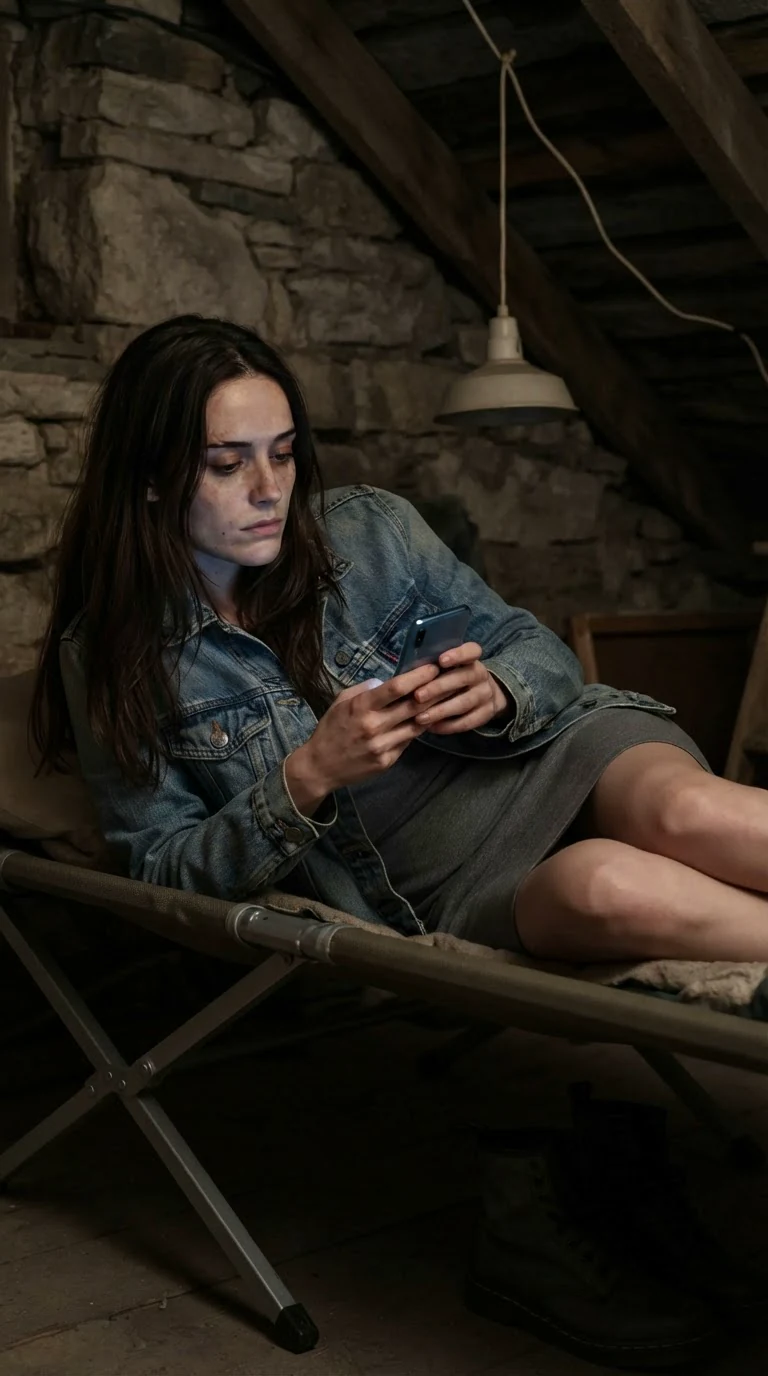 Maeve lies on a folding cot in the dark, lit only by the glow of her phone.