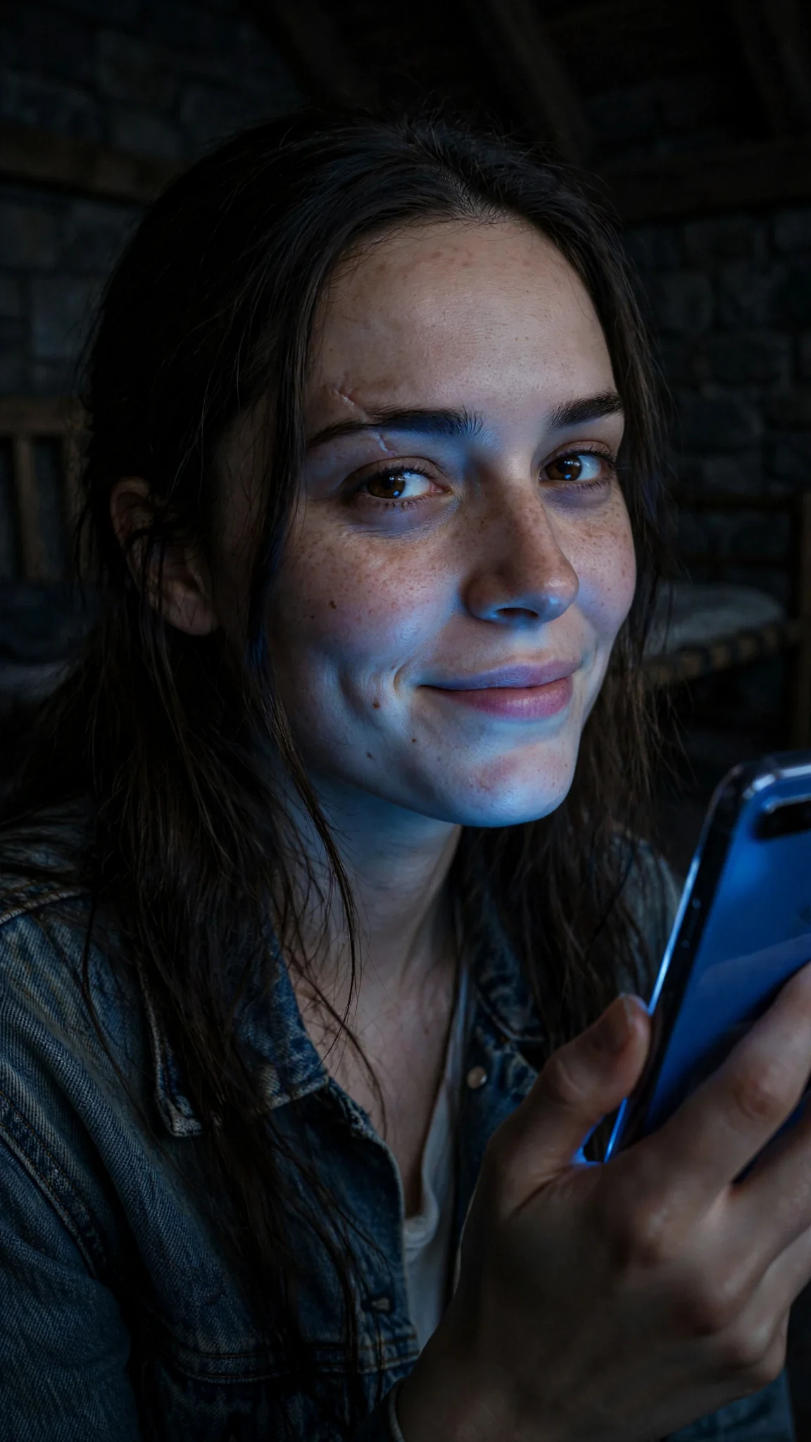 Close-up of Maeve's face as she reads Jory's message on the phone in the dark.