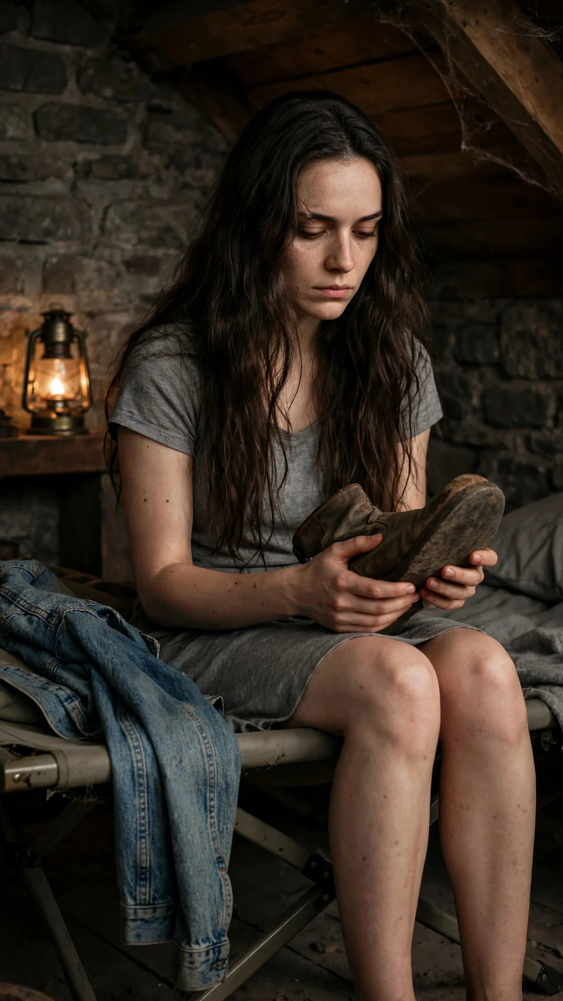 Maeve sits up on the cot holding her boot, thinking about the money hidden in the lining.