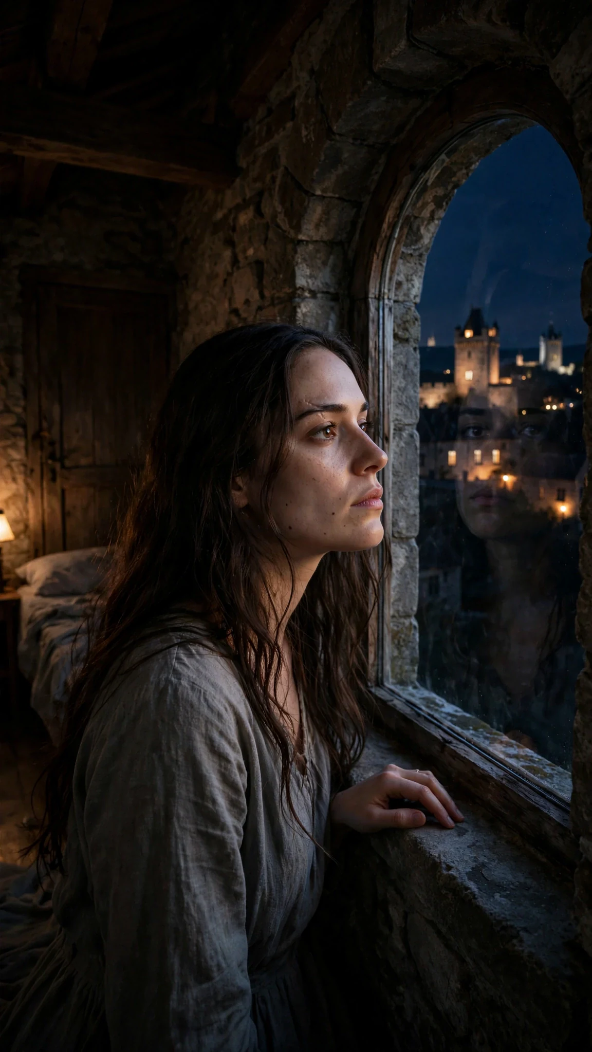 Maeve stands at the tiny dark window of her room with her hand on the sill.