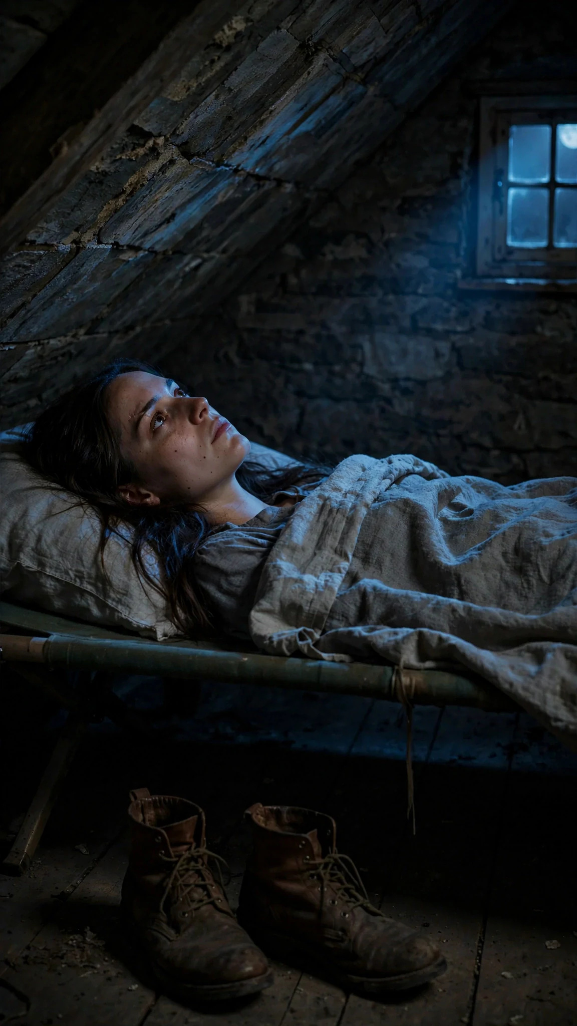 Maeve lies awake on the cot in the dark, eyes open, staring at the stone ceiling.