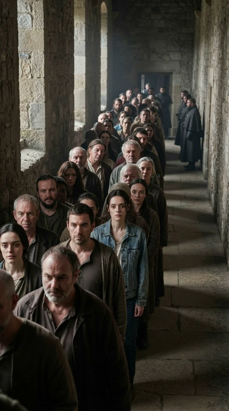A long line of humans waits in a cold stone hall at Thale Keep.