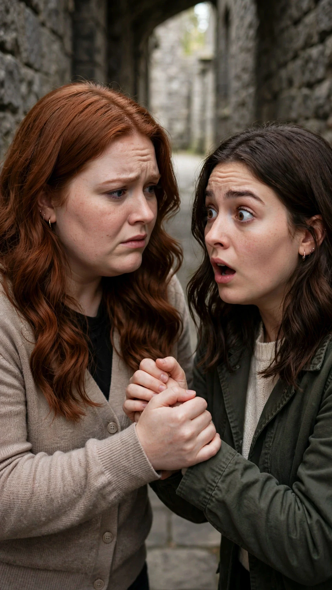 Perrin grips Maeve's wrist in the line.