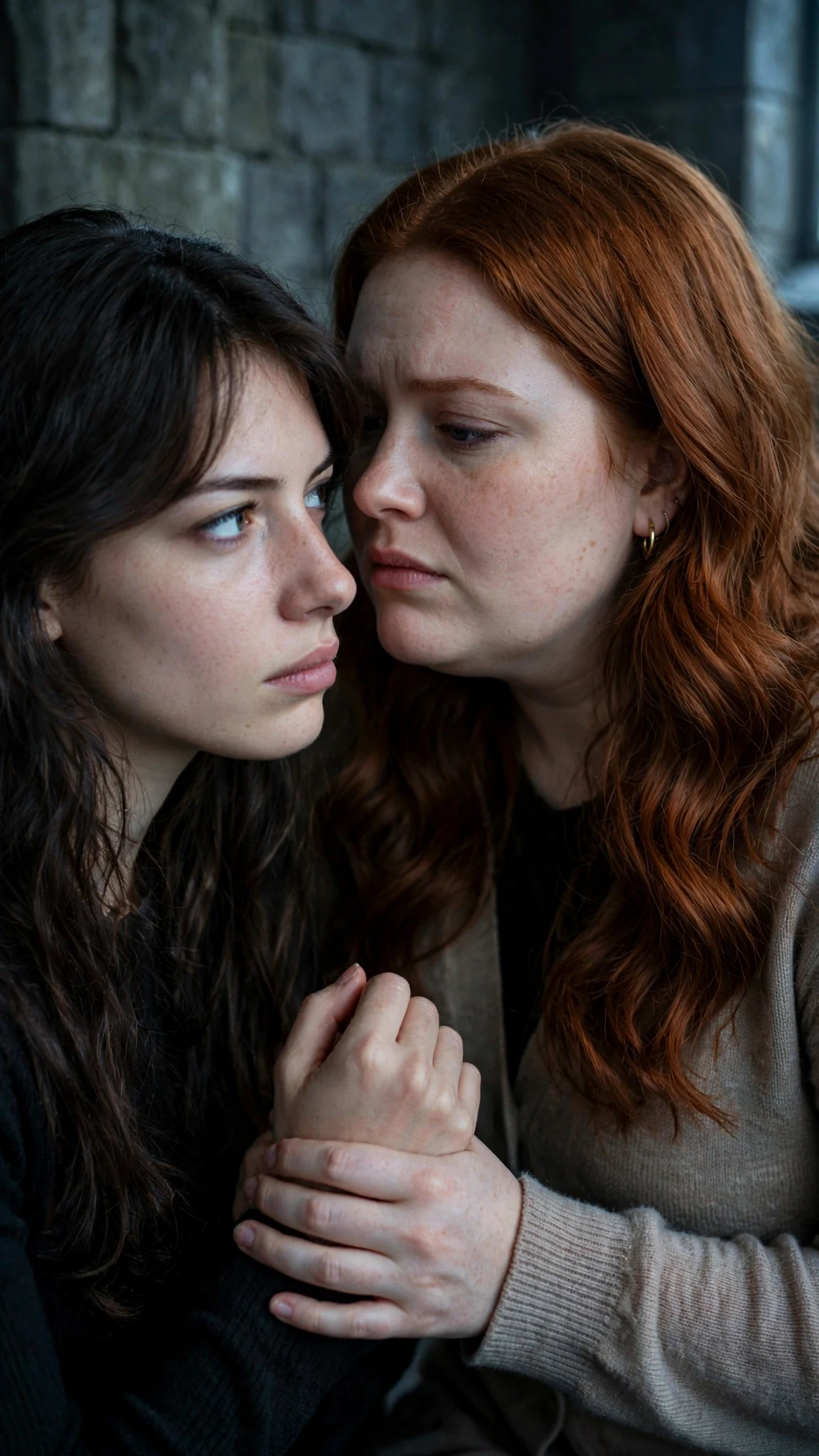 Perrin whispers to Maeve, her hand still on Maeve's wrist.