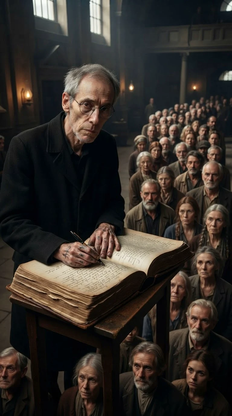 A thin clerk with round glasses reads names from a huge ledger.