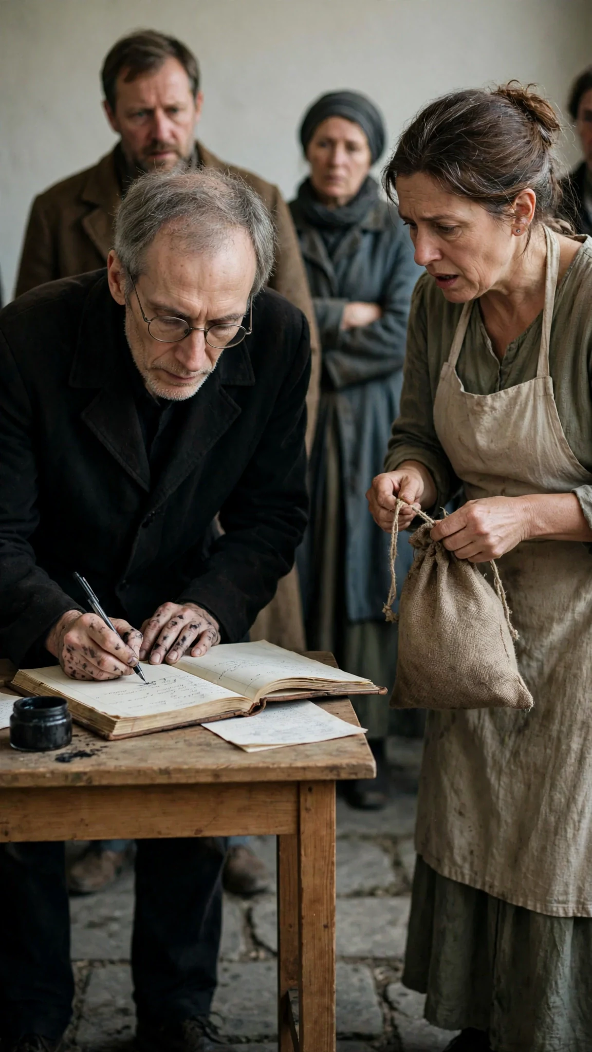 Wendell writes in the ledger while a nervous woman in an apron answers him.