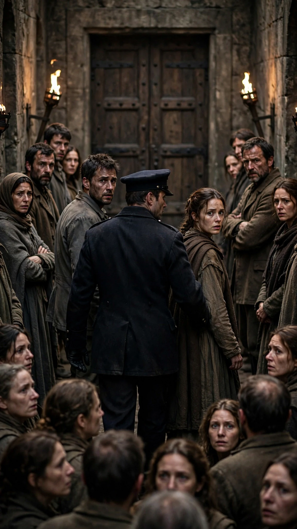 A guard leads two humans toward a door at the end of the hall.