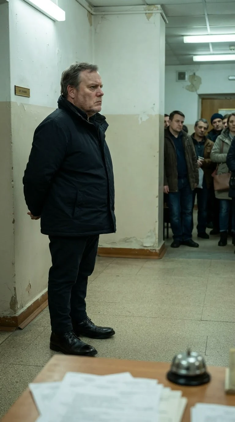 Roderick stands near the clerk's table with his hands behind his back.