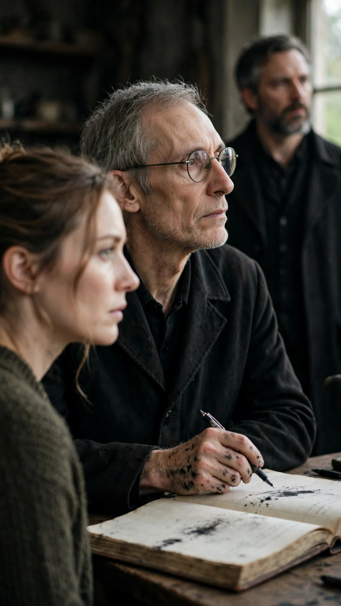 Wendell points his pen at the open page, speaking over Maeve's head.