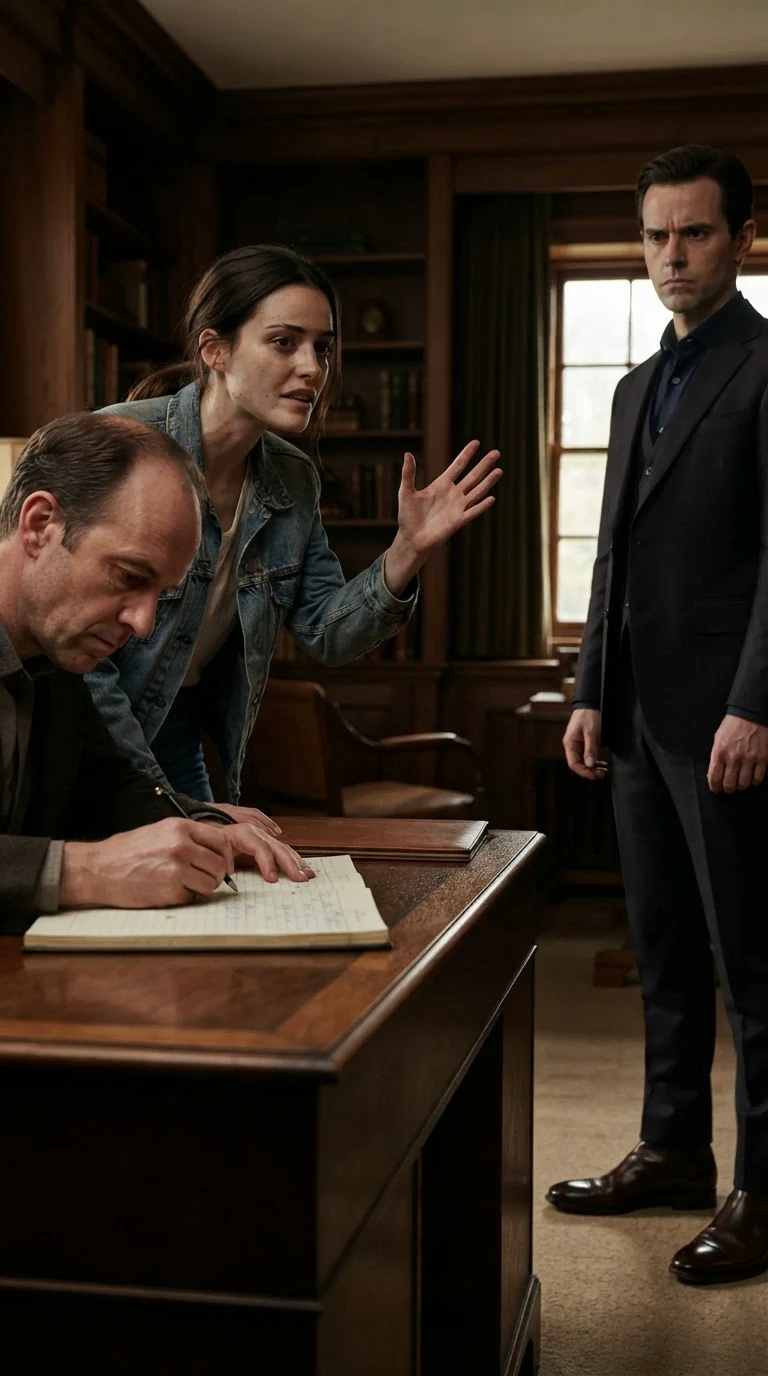 Maeve speaks to the clerk while Roderick stands silent nearby.
