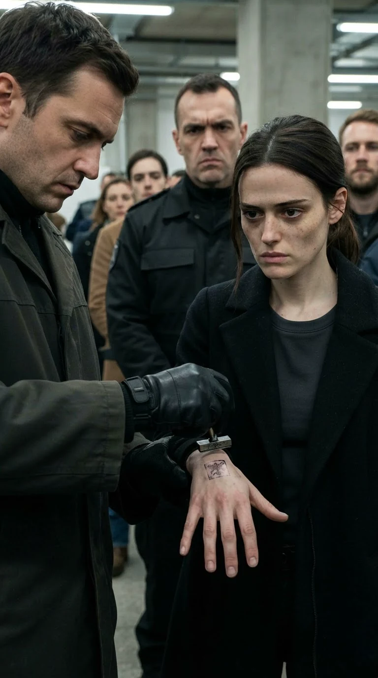 A guard presses an ink stamp to the back of Maeve's hand.