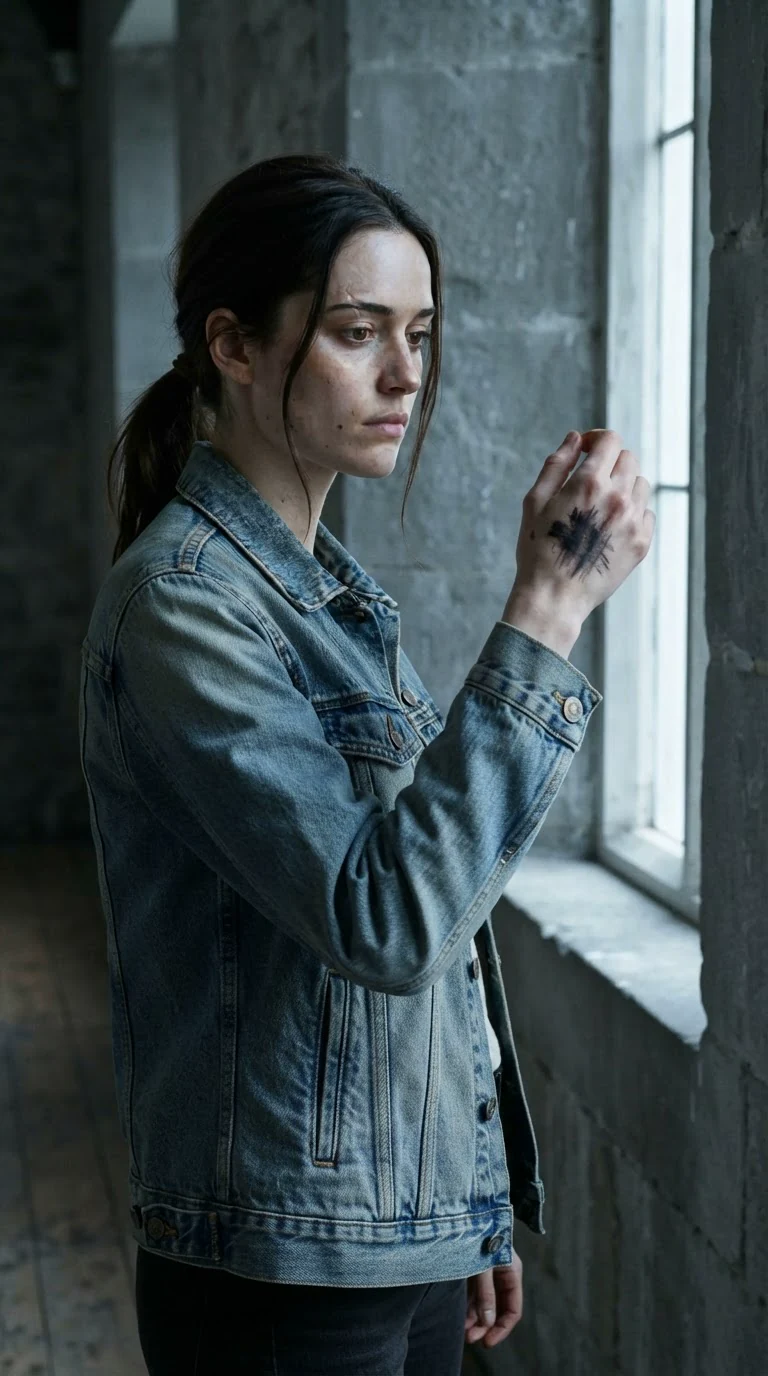 Maeve stands alone by a high window, looking at the ink mark on her hand.