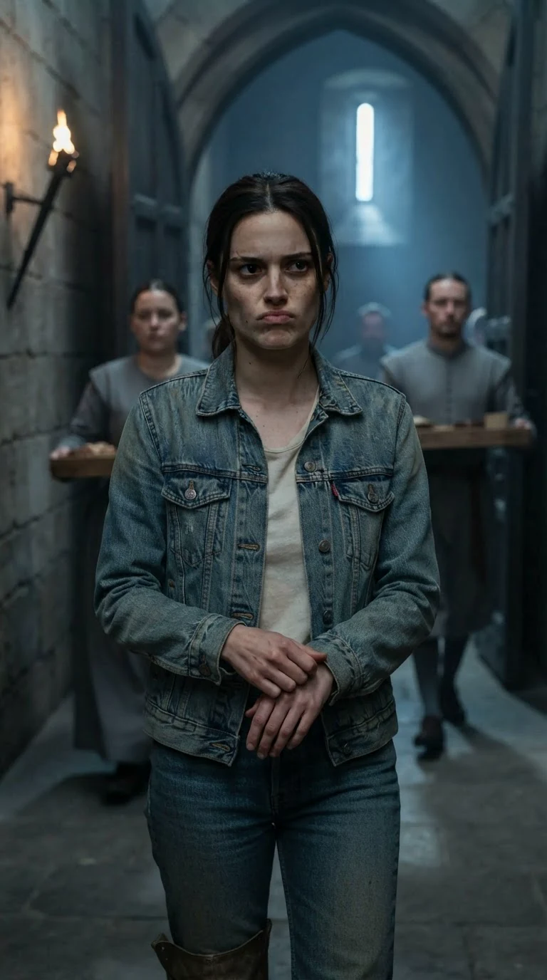 Maeve wipes dark ink off the back of her hand in a stone corridor.