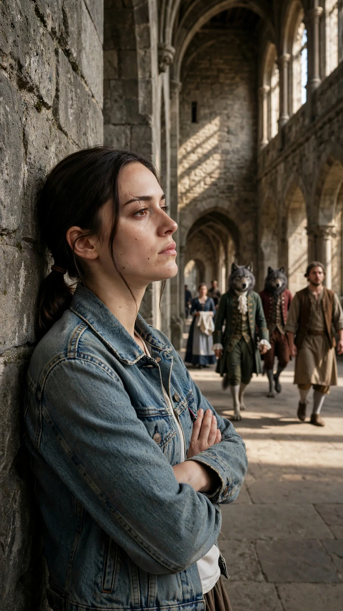 Maeve leans against a wall watching people walk past without looking at her.