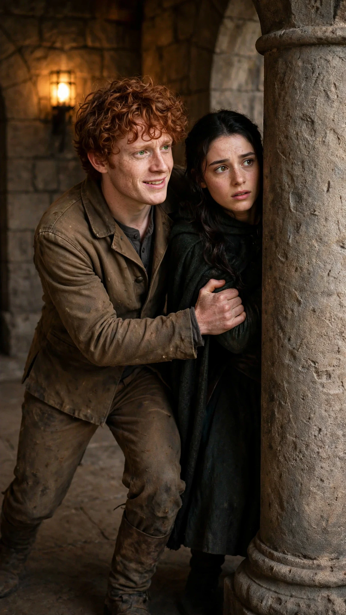 A red-haired stable hand pulls Maeve behind a pillar.