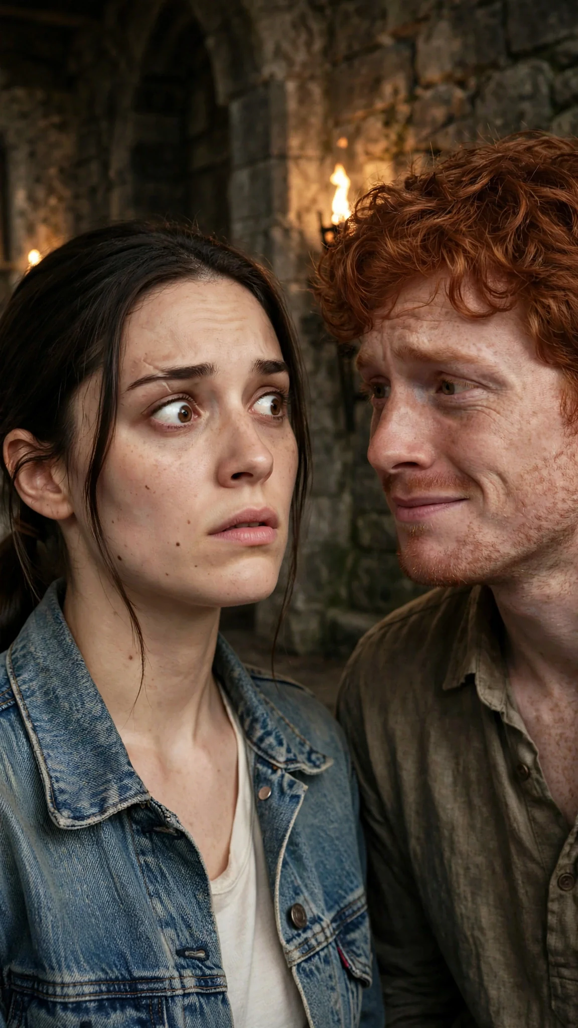 Maeve and Jory close together in the corridor, whispering.
