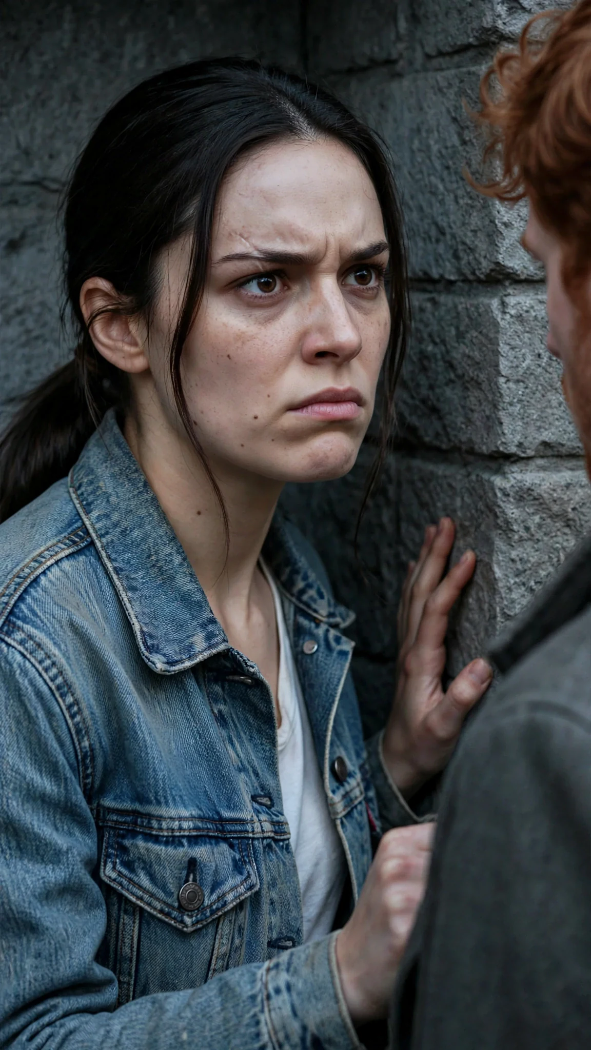 Maeve's jaw set as she explains what happened in the registration line.