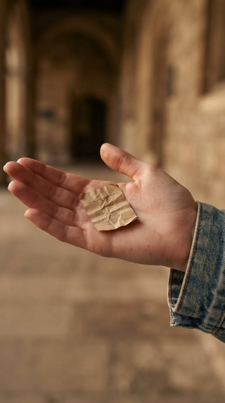 A bus ticket lying in Maeve's open palm.
