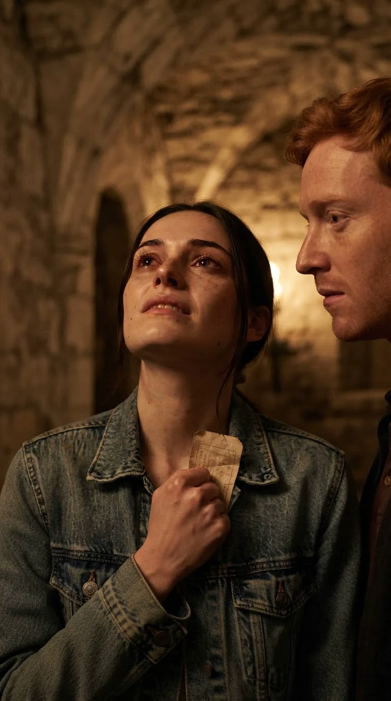 Maeve looks up at the ceiling, eyes wet, holding the ticket.