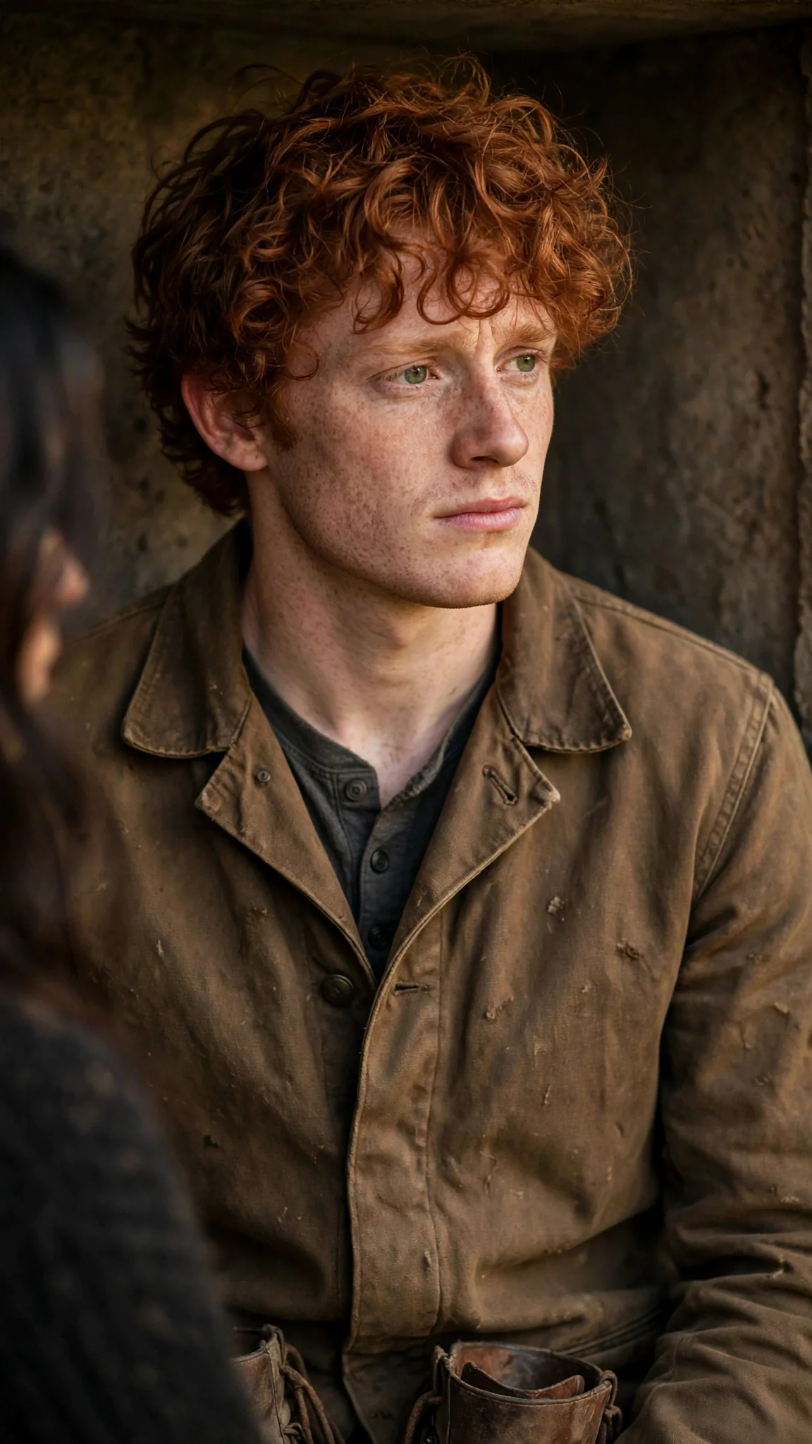 Jory speaks with a flat, serious face, close to Maeve in the alcove.