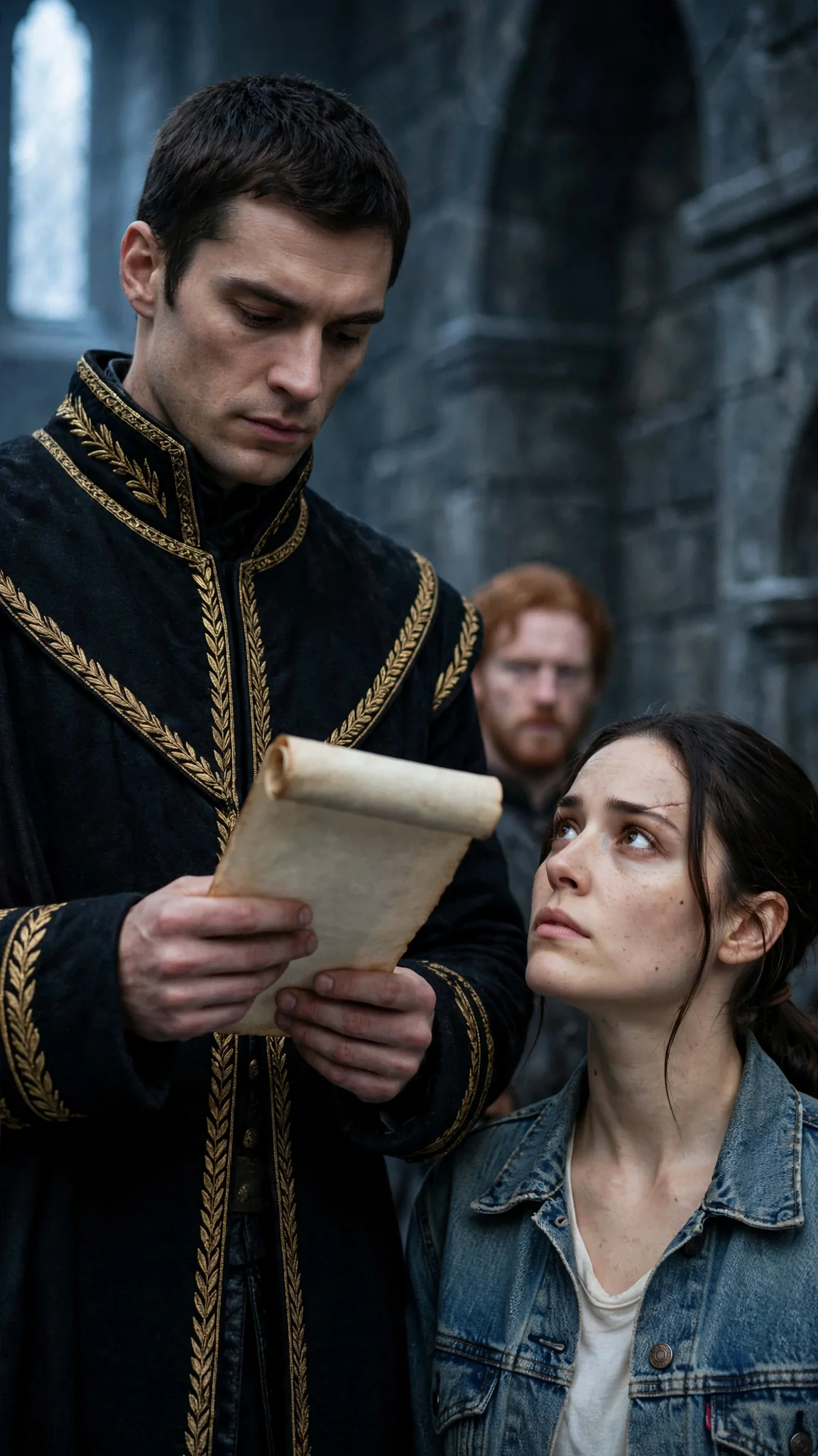 A herald in the king's dark coat with a scroll stops in front of Maeve.
