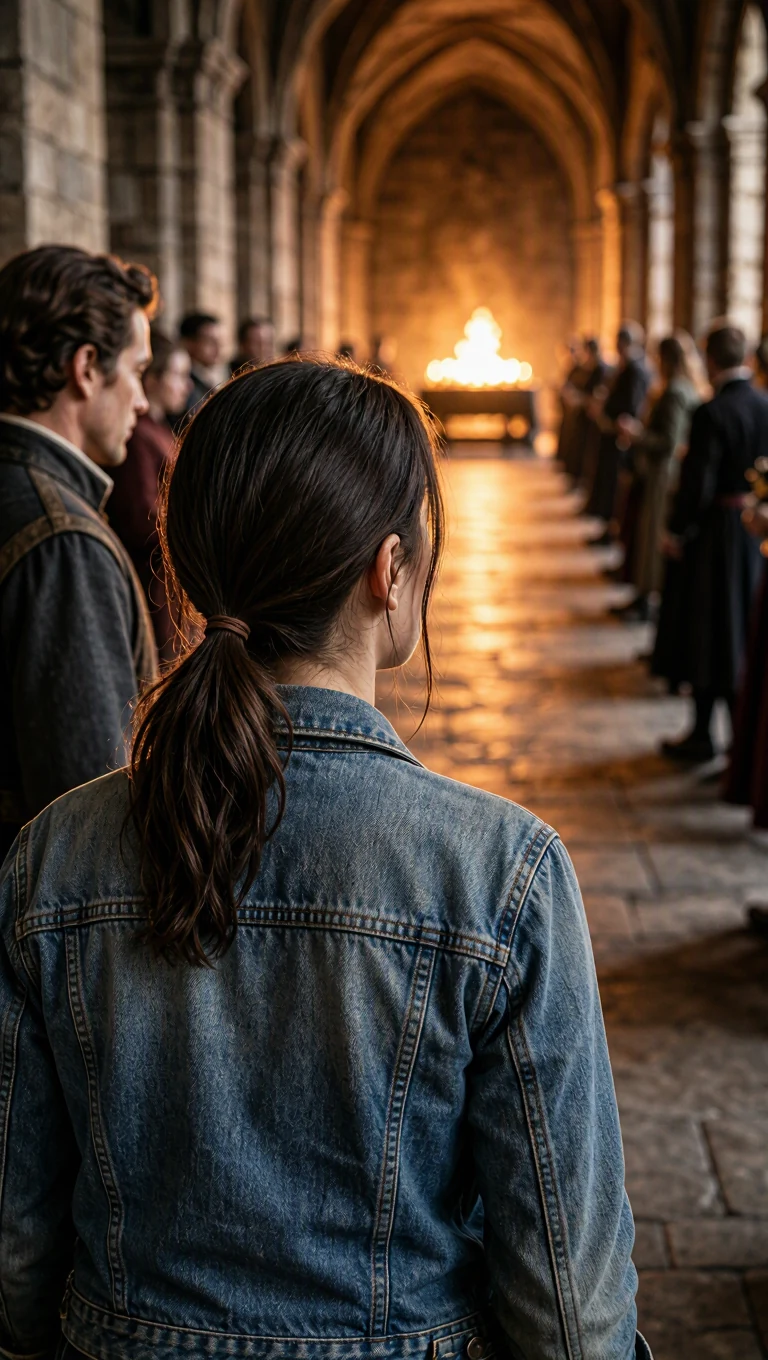 Maeve walks down a long lit hall toward the high table, seen from behind.