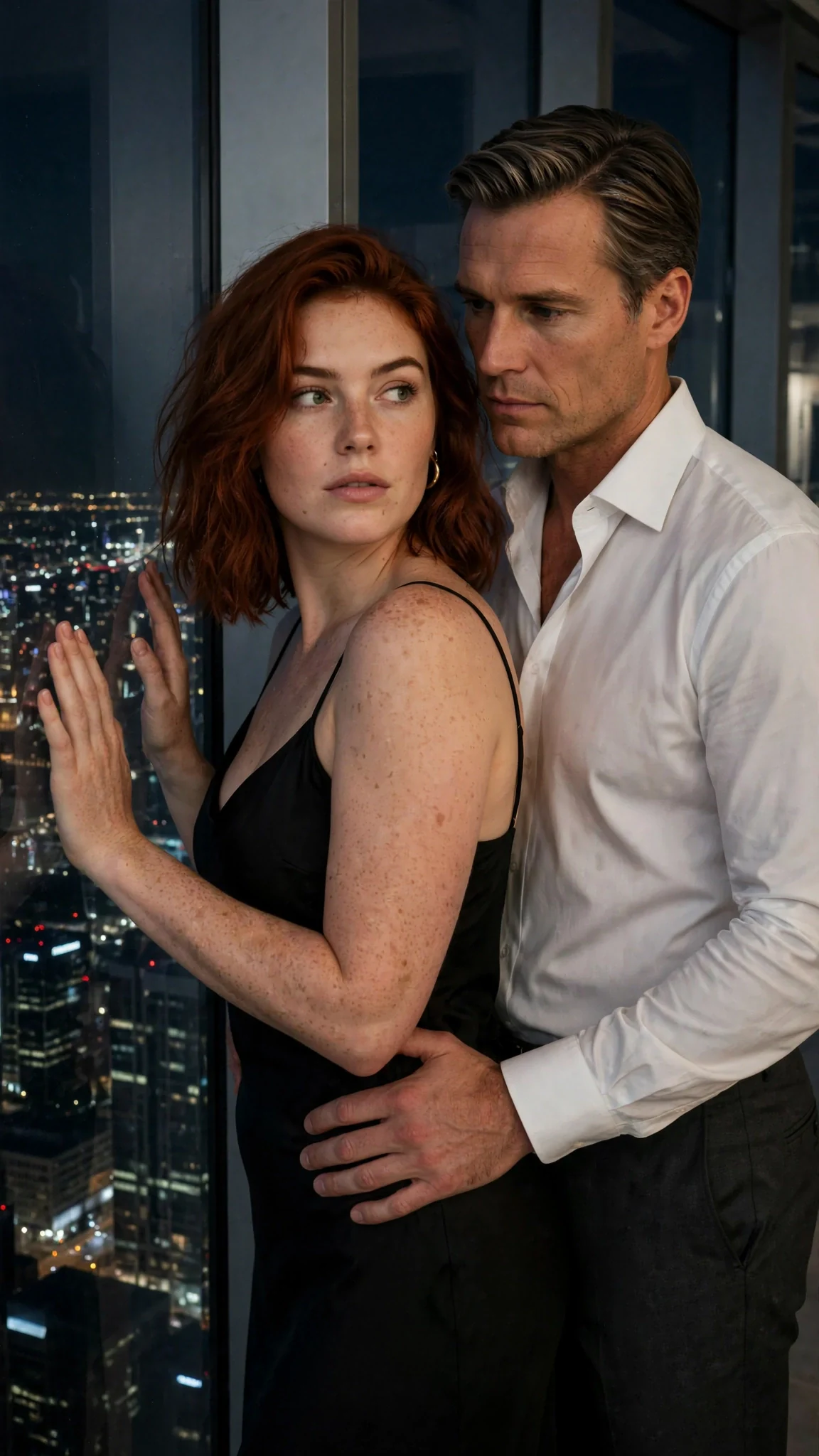 A woman in a black slip dress braces her hands on a penthouse window while a man in suit pants stands close behind her.