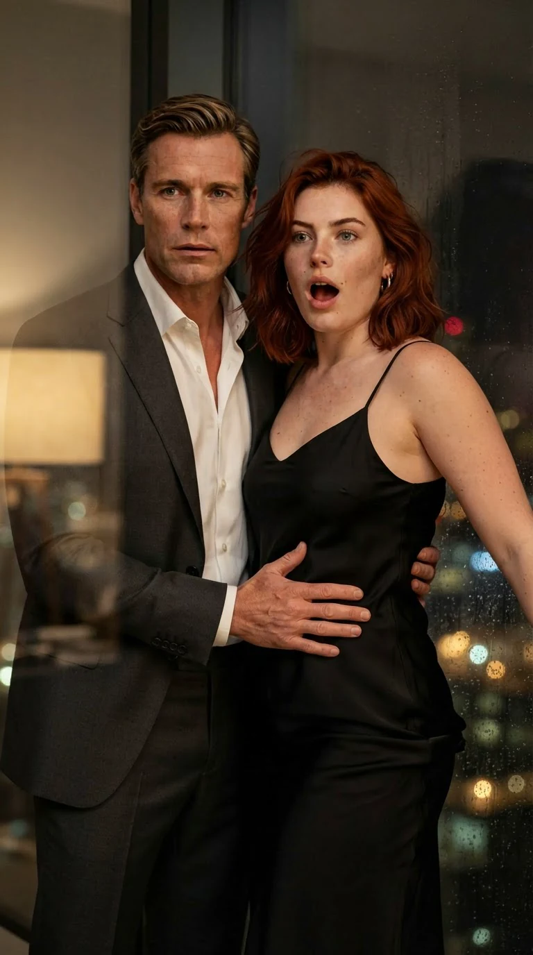Close on a man behind a woman at the window, both still dressed, his hand at her hip.