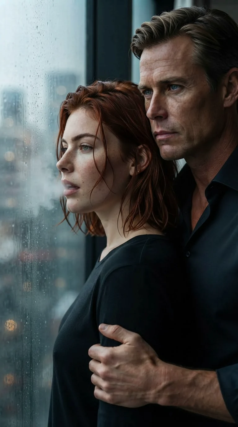 The woman's profile against the window, her breath fogging the glass, the man's hand at her waist.