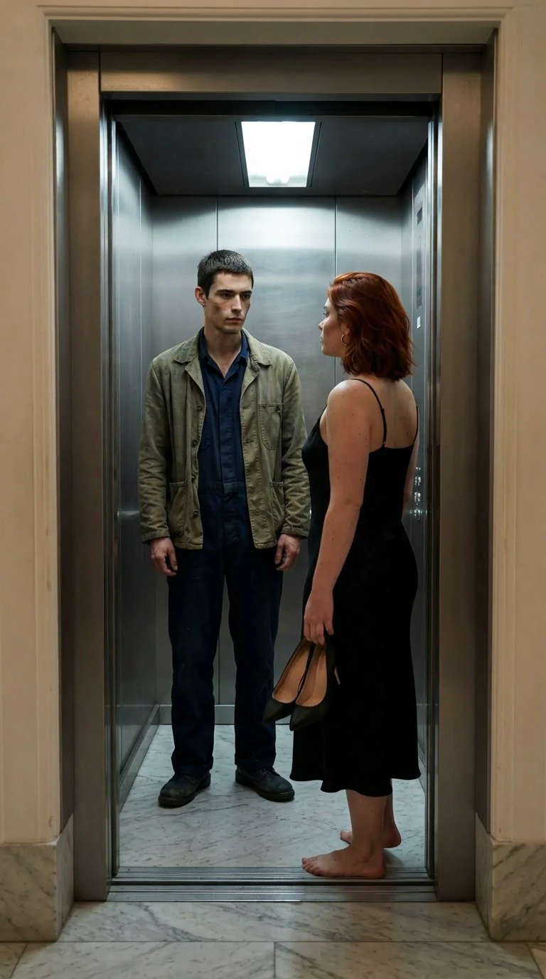 A tired young man in a maintenance uniform watches a woman in a slip dress step out of a private hall holding her heels.