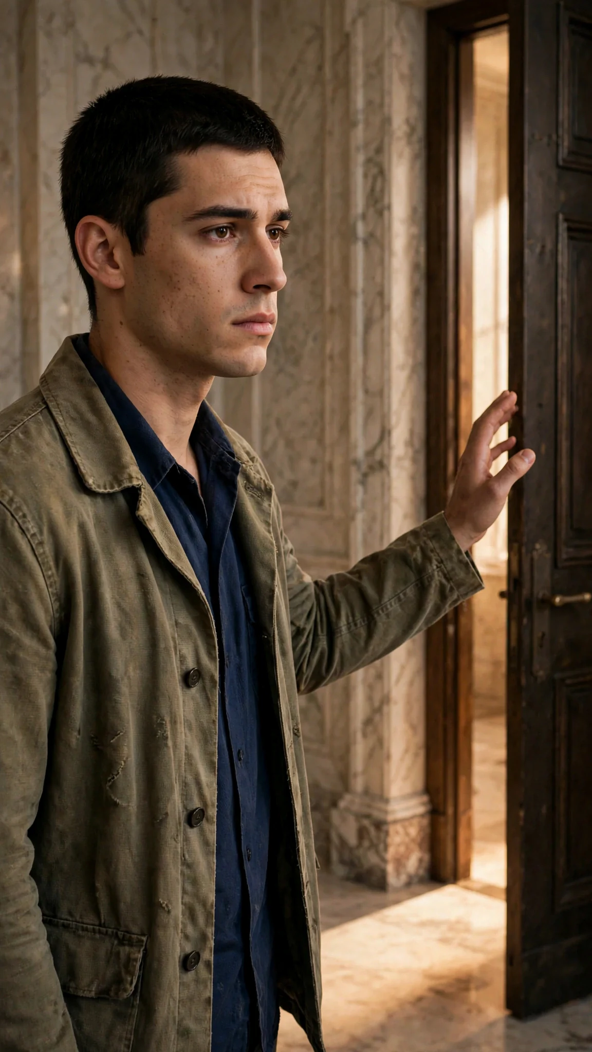 The maintenance worker stands in a private hall where a penthouse door is left ajar with light spilling out.