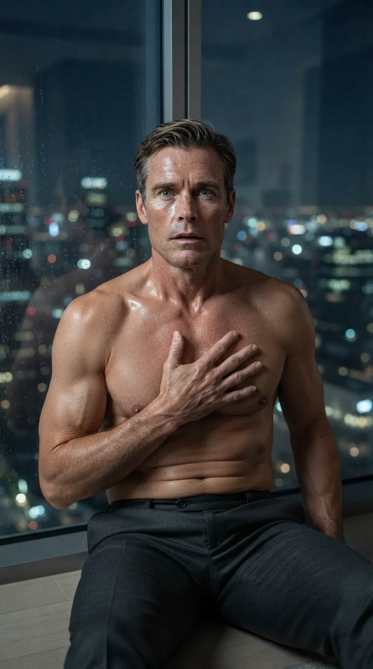 A man in suit pants and no shirt sits on the penthouse floor by the window, one hand pressed to his chest.