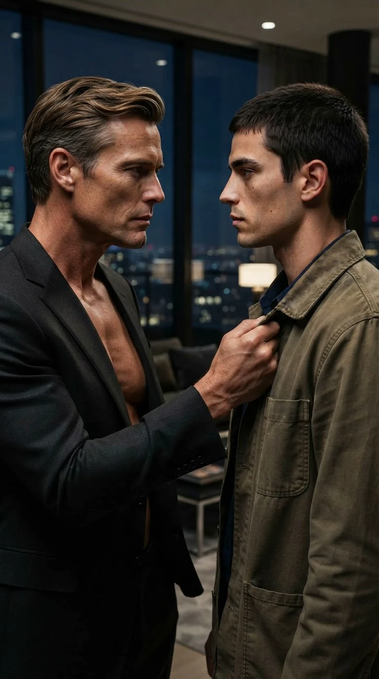 The shirtless man stands too close to the maintenance worker, one hand on the worker's jacket.