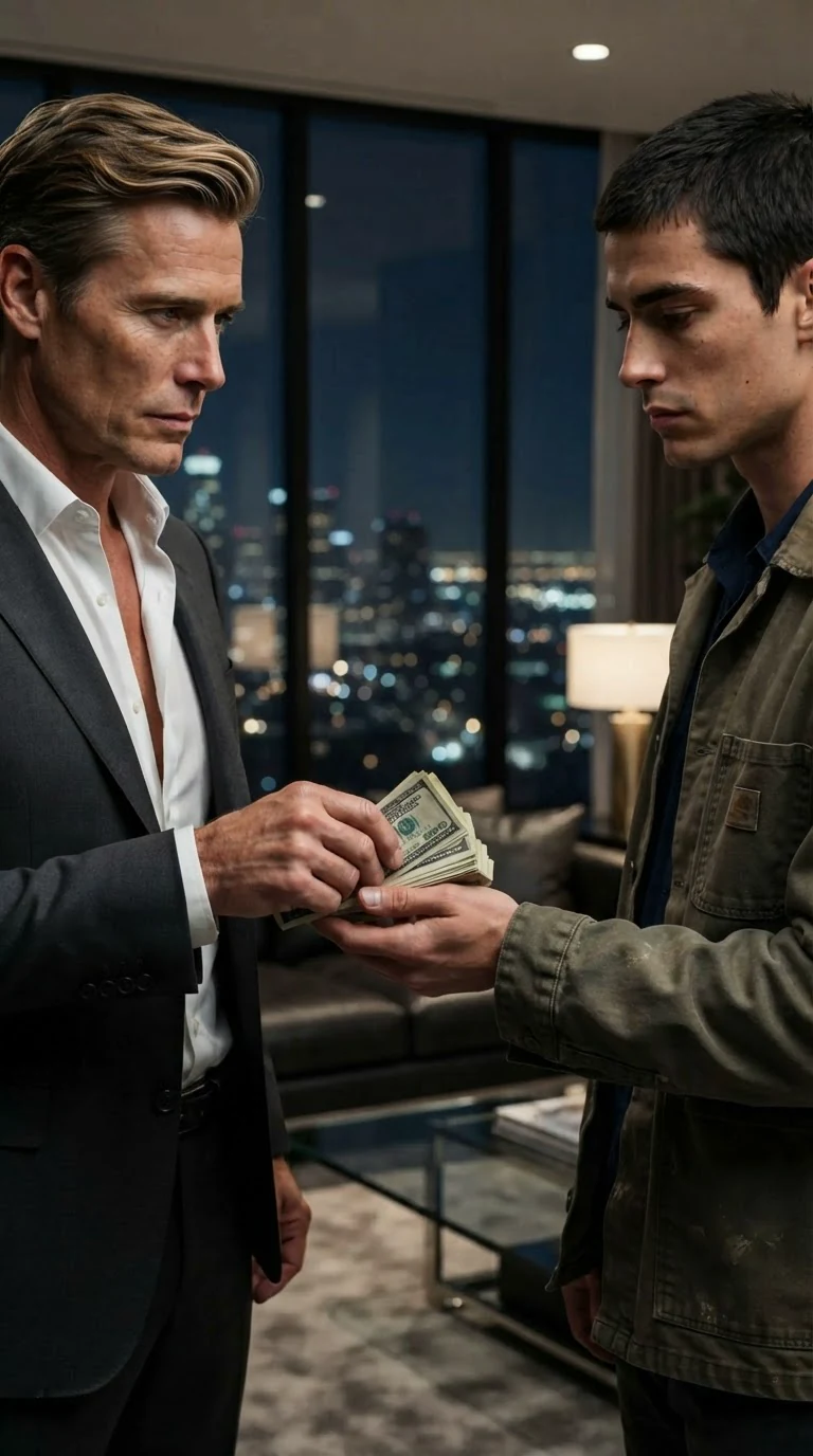 The shirtless man presses a fold of cash into the maintenance worker's hand.